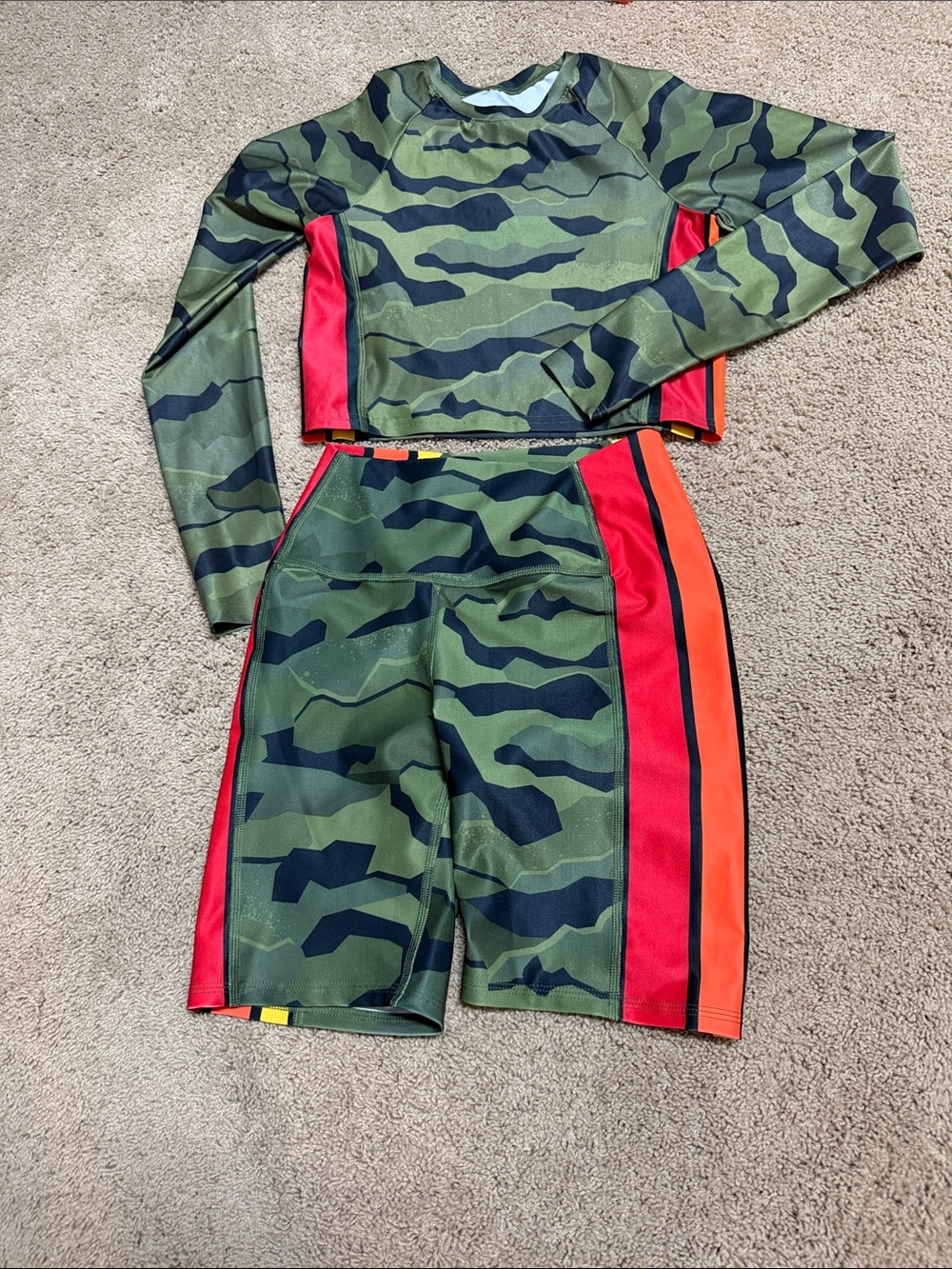 Zumba Fitness Green Camo Bike Shorts with Red & Orange Side Panels